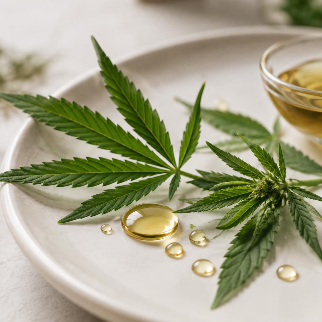 Fresh hemp leaves with drops of golden hemp oil on a white ceramic dish